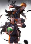  2boys artist_signature ball bangs black_hair black_jacket clenched_hand feathers haikyuu!! highres hinata_shouyou holding holding_ball jacket jacket_on_shoulders jumping kageyama_tobio knee_pads looking_at_viewer male_focus multiple_boys open_clothes open_jacket orange_eyes orange_hair outstretched_arms qmo_(chalsoma) serious short_sleeves shorts signature standing uniform white_background wristband 