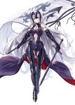  1girl armor armored_boots armored_dress bangs bare_shoulders black_cape black_gloves boots breasts cape chains cleavage commentary_request fate/grand_order fate_(series) flag full_body fur-trimmed_gloves fur_trim gauntlets gloves headpiece heirou highres holding holding_flag holding_sword holding_weapon jeanne_alter long_hair looking_at_viewer medium_breasts navel parted_lips ruler_(fate/apocrypha) silver_hair simple_background smile solo standing sword teeth thigh-highs thigh_boots very_long_hair weapon white_background yellow_eyes 