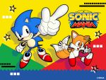  2boys 90s absurdres black_eyes commentary gloves highres multiple_boys official_art ohshima_naoto pointing pointing_up sega sonic sonic_mania sonic_the_hedgehog tails_(sonic) white_gloves 
