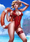 1girl alternate_costume artist_name beach blonde_hair blue_eyes breasts dandon_fuga erect_nipples eye_of_horus high_ponytail highleg highleg_swimsuit jewelry lifebuoy lifeguard lips looking_afar medium_breasts mercy_(overwatch) necklace no_wings one-piece_swimsuit overwatch shading_eyes solo swimsuit thigh_strap whistle 