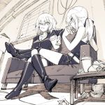  2girls ahoge artoria_pendragon_(all) belt boots couch cup drink drinking_straw eating fast_food fate/grand_order fate_(series) food from_side hamburger holding holding_cup jeanne_alter jewelry jpeg_artifacts knee_boots legs_crossed legs_on_another&#039;s_lap monochrome multiple_girls nakatani_nio necklace ponytail profile ruler_(fate/apocrypha) saber_alter shorts thigh-highs thigh_boots trash 