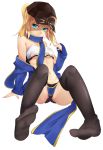  ahoge arm_support artoria_pendragon_(all) bandeau bare_shoulders baseball_cap black_legwear blue_eyes blue_scarf breasts fate/grand_order fate_(series) feet hat looking_at_viewer mysterious_heroine_x no_shoes off_shoulder scarf sleeves_past_wrists small_breasts thigh-highs thighs under_boob white_background yakumocc 