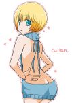  1boy ass back backless_outfit bare_back blonde_hair blue_eyes blue_sweater butt_crack character_name cuilan dress halterneck looking_back male_focus meme_attire naked_sweater open-back_dress open_mouth senkou_no_ronde sleeveless sleeveless_turtleneck solo sweater sweater_dress trap turtleneck turtleneck_sweater virgin_killer_sweater 