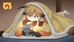  10s 1girl animal_ears black_gloves blonde_hair blush brown_eyes brown_hair closed_mouth commentary_request eyebrows_visible_through_hair ezo_red_fox_(kemono_friends) fox_ears fox_tail full_body fur_trim futon game_boy gloves hair_between_eyes handheld_game_console head_tilt holding indoors japari_symbol japari_symbol_print kemono_friends long_sleeves lying multicolored_hair on_stomach pillow playing_games solo tail tsutomu_(pixiv321187) two-tone_hair under_covers white_legwear 