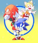  3boys 90s aimf black_eyes full_body grin knuckles_the_echidna male_focus multiple_boys multiple_tails shoes smile sneakers sonic sonic_mania sonic_the_hedgehog tail tails_(sonic) v 