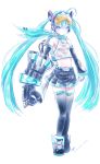  1girl aqua_eyes aqua_hair detached_sleeves full_body gloves goggles goggles_on_head hatsune_miku headset highres kowiru long_hair looking_at_viewer midriff power_fist simple_background solo standing thigh-highs twintails vocaloid 