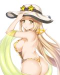  1girl ass blonde_hair blush breasts dimples_of_venus diola_(granblue_fantasy) erect_nipples from_behind granblue_fantasy green_eyes hand_on_headwear hat lang_(chikage36) large_breasts long_hair looking_back open_mouth simple_background slingshot_swimsuit solo star-shaped_glasses swimsuit very_long_hair white_background 