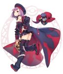  1girl bangs beret black_boots black_legwear blush boots closed_mouth coat eyebrows_visible_through_hair fate_(series) hat helena_blavatsky_(fate/grand_order) highres holding knee_boots looking_at_viewer looking_back open_clothes open_coat purple_hair shirabi short_hair smile solo thigh-highs thighs 