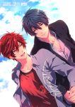  2boys black_hair clouds eye_contact gekkan_shoujo_nozaki-kun hand_holding looking_at_another male_focus mikoshiba_mikoto muku_(pixiv3207772) multiple_boys nozaki_mayu open_mouth red_eyes red_shirt redhead shirt yaoi 