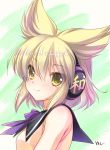  1girl bangs bare_shoulders blonde_hair blush breasts closed_mouth earmuffs from_side looking_at_viewer looking_to_the_side pointy_hair portrait shirt sleeveless sleeveless_shirt smile solo takatsukasa_yue touhou toyosatomimi_no_miko yellow_eyes 