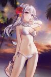  1girl arm_up artist_name bikini bracelet breasts cleavage emilia_(re:zero) eyebrows_visible_through_hair flower gio_(maroon0924) hair_flower hair_ornament hand_to_own_mouth hibiscus holding holding_shoes jewelry long_hair low-tied_long_hair medium_breasts navel outdoors re:zero_kara_hajimeru_isekai_seikatsu sandals shoes side-tie_bikini silver_hair smile solo swimsuit violet_eyes white_bikini 