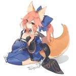  1girl animal_ears blue_bow bow breasts cleavage fang fang_out fate/extra fate_(series) fox_ears fox_shadow_puppet fox_tail from_side hair_bow nakatani_nio pink_hair ponytail simple_background solo tail tamamo_(fate)_(all) tamamo_no_mae_(fate) thigh-highs white_background 