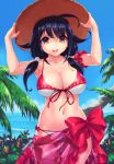  10s 1girl ahoge black_hair blue_sky blush breasts cleavage clouds commentary_request day funitarefu hat kantai_collection large_breasts long_hair looking_at_viewer low_twintails navel open_mouth outdoors ryuuhou_(kantai_collection) sarong sky smile solo standing sun_hat swimsuit taigei_(kantai_collection) twintails 