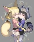  10s 2girls ;) ;o animal_ears breast_press breasts cheek-to-cheek commentary_request common_raccoon_(kemono_friends) fennec_(kemono_friends) fox_ears fox_tail gojou_shinra half-closed_eyes hug kemono_friends looking_at_another multiple_girls one_eye_closed raccoon_ears raccoon_tail skirt skirt_lift smile symmetrical_docking tail thigh-highs yuri zettai_ryouiki 