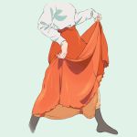  1girl artist_signature blue_background blue_legwear head_out_of_frame highres holding_dress long_skirt long_sleeves orange_skirt original shirt simple_background skirt skirt_lift socks solo standing umishima_senbon white_shirt 