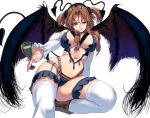  1girl :p bangs bare_shoulders boots breasts brown_boots brown_hair chalice demon_girl demon_tail green_eyes highres hips horns large_breasts long_hair masao navel original simple_background solo succubus tail thick_thighs thigh-highs thighs tongue tongue_out twintails white_background white_legwear wings 
