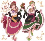  2girls adapted_costume bangs blunt_bangs bouquet brown_hair dress floral_print flower frilled_dress frills green_dress green_eyes green_hair green_shoes hair_flower hair_ornament high_heels highres jewelry long_hair looking_at_viewer mefomefo mexican_dress multiple_girls necklace nishida_satono orange_rose pink_dress pink_rose pink_shoes puffy_short_sleeves puffy_sleeves red_rose rose shoes short_hair_with_long_locks short_sleeves sidelocks simple_background smile standing standing_on_one_leg teireida_mai touhou violet_eyes white_background 