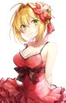  1girl ahoge alternate_costume alternate_hairstyle arms_behind_back bangs bare_arms bare_shoulders black_bow black_ribbon blonde_hair bow breasts cleavage closed_mouth collarbone commentary_request dress eyebrows_visible_through_hair fate/grand_order fate_(series) frilled_dress frills green_eyes hair_between_eyes hair_bun hair_intakes hsiao large_breasts looking_to_the_side medium_breasts nero_claudius_(swimsuit_caster)_(fate) red_dress ribbon sash short_hair sidelocks smile solo standing strap_slip strapless strapless_dress upper_body 