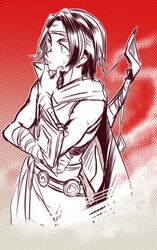  1boy bandage belt bow_(weapon) headband male_focus monochrome nanashiba paladins red_background sha_lin solo upper_body weapon 