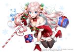  &gt;:d 1girl :d angel_wings bell black_legwear blue_eyes blush boots breasts candy candy_cane cleavage commentary_request dress eyebrows_visible_through_hair food full_body fur_trim gift gloves hair_bell hair_ornament holding_candy_cane long_hair looking_at_viewer medium_breasts official_art ogino_atsuki open_mouth pink_hair red_boots red_dress red_gloves sack santa_boots santa_costume santa_gloves smile snowflakes solo thigh-highs twintails watermark wings 