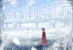  1girl black_dress black_hair boots bridge building closed_mouth commentary_request dress frozen frozen_lake headphones highres ice long_sleeves looking_at_viewer original scenery short_hair snow snowman solo standing 