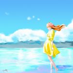  1girl absurdres alternate_eye_color arm_at_side artist_name barefoot blue_eyes blue_sky bow clouds day dress gekkan_shoujo_nozaki-kun hair_bow highres long_hair older outdoors sakura_chiyo sergey_orlov signature skirt_hold sky solo water yellow_dress 