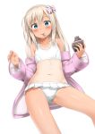  10s 1girl absurdres bare_legs bikini blonde_hair blue_eyes blush collarbone food groin hair_between_eyes hair_ribbon highres ice_cream kantai_collection long_hair looking_at_viewer mouth_hold navel nedia_(nedia_region) one-piece_tan ribbon ro-500_(kantai_collection) simple_background solo spoon sprinkles swimsuit tan tanline white_background white_bikini 
