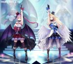  2girls angel_wings arm_up armpits artist_name bangs bare_shoulders black_boots black_cape black_collar black_gloves black_hairband black_hat black_legwear black_ribbon black_wings blonde_hair blue_dress blue_eyes blue_hairband blue_ribbon blue_srunchie boots breasts brown_boots cape cleavage closed_mouth collar collarbone colored_eyelashes cross dated demon_wings dress earrings fangs fingerless_gloves floating_hair full_body gloves green_eyes hair_between_eyes hair_ribbon hairband hand_on_own_chest hat headset heterochromia highres index_finger_raised inverted_cross jewelry knee_boots latin_cross long_hair looking_at_viewer low_wings matching_outfit mini_hat mini_top_hat mismatched_footwear mr.tight multiple_girls original pale_skin pink_boots pointy_ears purple_hair red_eyes red_hat red_ribbon red_scrunchie ribbon scrunchie shiny shiny_hair short_dress skull smile stage stairs standing strapless strapless_dress stud_earrings thigh-highs top_hat twintails violet_eyes waist_cape white_cape white_dress white_legwear white_wings wings wrist_scrunchie 