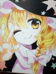  1girl ;) absurdres blonde_hair blush braid close-up hat head_tilt highres kirisame_marisa looking_at_viewer medium_request niri one_eye_closed side_braid single_braid smile solo star touhou traditional_media v w witch_hat yellow_eyes 