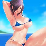  1girl armpits arms_up awatark bikini blue_bikini breasts brown_eyes cleavage hair_over_one_eye highres large_breasts looking_at_viewer mole mole_under_eye navel original purple_hair short_hair smile solo sweat swimsuit thighs 