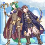  1boy 1girl absurdres assertive boots breasts brown_hair cape cleavage cleavage_cutout cloak crossover fire_emblem fire_emblem:_kakusei green_hair high_heels highres holding holding_sword holding_weapon kid_icarus my_unit_(fire_emblem:_kakusei) outdoors palutena pit_(kid_icarus) smile staff super_smash_bros. sword tharja weapon when_you_see_it 
