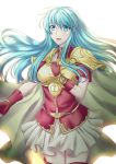  1girl aiden_(formalhauto2) blue_eyes blue_hair breastplate cape eirika fingerless_gloves fire_emblem fire_emblem:_seima_no_kouseki gloves highres long_hair looking_at_viewer pauldrons simple_background skirt smile solo white_background 