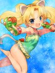  &gt;:d 1girl :d absurdres animal_ears bangle barefoot blonde_hair blue_background blue_eyes bracelet casual_one-piece_swimsuit cat_ears cat_tail child dual_wielding fang frilled_swimsuit frills from_side green_swimsuit hairband highres jewelpet_(series) jewelpet_twinkle jewelry miria_marigold_mackenzie nyama one-piece_swimsuit open_mouth red_hairband smile solo swimsuit tail twintails water_gun 