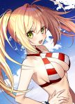  &gt;:d 1girl :d ahoge bangs bikini blonde_hair blue_sky blush bracelet breasts cleavage clouds cloudy_sky criss-cross_halter day eyebrows_visible_through_hair fate/grand_order fate_(series) floating_hair gambe green_eyes hair_between_eyes hair_intakes halter_top halterneck hand_on_hip jewelry large_breasts long_hair looking_at_viewer navel nero_claudius_(swimsuit_caster)_(fate) open_mouth outdoors red_bikini saber_extra sidelocks sky smile solo striped striped_bikini swimsuit teeth tsurime twintails upper_body white_bikini 