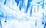  1girl blue blue_sky building commentary_request dress fog hat ice long_hair original scenery sky skyscraper solo standing 