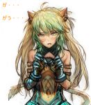  1girl animal_ears archer_of_red blonde_hair blush dannrei3636 fang fate/apocrypha fate/grand_order fate_(series) gloves green_eyes green_hair hair_ornament lion_ears lion_tail multicolored_hair sleeveless solo sweatdrop tail twintails 