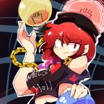  &gt;:) 1girl bare_shoulders blood blood_splatter breasts chains clothes_writing commentary gold_chain heart hecatia_lapislazuli light_bulb looking_at_viewer ma_sakasama medium_breasts medium_hair navel off-shoulder_shirt polos_crown red_eyes redhead shirt smirk solo touhou wavy_hair 
