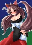  &gt;:( 1girl animal_ears bare_shoulders blush brown_hair cowboy_shot dress fang from_side highres imaizumi_kagerou long_hair long_sleeves looking_at_viewer looking_to_the_side nose_blush off-shoulder_dress off_shoulder oshiaki red_eyes solo squiggle tail touhou wide_sleeves wolf_ears wolf_tail 