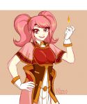  1girl absurdres fire fire_emblem fire_emblem_echoes:_mou_hitori_no_eiyuuou gloves highres looking_at_viewer mae_(fire_emblem) magic pink_hair redhead simple_background smile solo twintails 