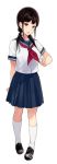  1girl :d black_shoes blush full_body jpeg_artifacts kneehighs loafers low_twintails neckerchief open_mouth red_neckerchief sasamori_tomoe school_uniform serafuku shoes short_sleeves simple_background smile solo standing succubus_stayed_life twintails white_background white_legwear yomisawa_tsukino 