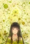  1girl bangs blunt_bangs brown_eyes brown_hair chest_tattoo closed_mouth dress eyes floral_background green green_dress highres long_hair looking_at_viewer off_shoulder original solo tattoo 