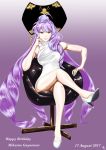  1girl basic_instinct(movie) breasts happy_birthday highres large_breasts legs_crossed macross macross_delta mikumo_guynemer multicolored_hair purple_hair red_eyes sitting two-tone_hair 