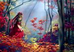  1girl autumn autumn_leaves bare_arms bow chen_bin commentary_request dress dress_lift forest front_ponytail green_eyes green_hair hair_bow hair_ribbon highres kagiyama_hina lifted_by_self long_hair nature outdoors red_bow red_dress red_ribbon ribbon solo touhou tree 