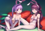  2girls all_fours animal_ears armband athrun1120 blue_eyes breasts brown_hair bunny_tail bunnysuit carrot embarrassed highres leotard long_hair looking_at_viewer medium_breasts multiple_girls new_game! open_mouth pantyhose pillow ponytail purple_hair rabbit_ears shoes sitting small_breasts smile strapless strapless_leotard suzukaze_aoba tail takimoto_hifumi twintails violet_eyes white_choker white_legwear white_leotard white_shoes wrist_cuffs 