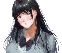  1girl bangs black_hair blush borrowed_character brown_eyes collared_shirt graphite_(medium) kamiyama_aya lips long_hair mole mole_under_eye original parted_lips school_uniform shirt sidelocks simple_background solo sweat traditional_media upper_body white_background 