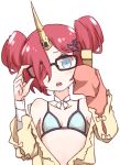  1girl :o adjusting_glasses bandage berserker_of_black bespectacled bikini blue_bikini blue_eyes blush collarbone double_bun fate/grand_order fate_(series) frankenstein&#039;s_monster_(swimsuit_saber)_(fate) glasses hair_ornament hair_over_one_eye hairclip horn i.u.y looking_at_viewer redhead simple_background sleeves_past_wrists solo swimsuit upper_body white_background 