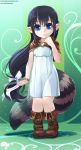  1girl black_hair blue_dress blue_eyes boots bracelet capelet child dress full_body hand_to_own_mouth highres jewelry knee_boots krokobyaka long_hair looking_at_viewer low_ponytail no_animal_ears open_mouth original pointy_ears raccoon_tail ribbon solo tail very_long_hair 