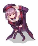  1girl bare_shoulders beret coat fate/grand_order fate_(series) hat helena_blavatsky_(fate/grand_order) highres knees_together_feet_apart looking_at_viewer purple_hair purple_legwear salute simple_background smile solo sue_(bg-bros) thigh-highs violet_eyes white_background 
