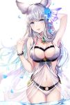  1girl animal_ears arm_up armpits bangle bikini blue_eyes blush bracelet breasts erun_(granblue_fantasy) eyebrows_visible_through_hair glint granblue_fantasy hand_behind_head head_tilt jewelry korwa large_breasts long_hair looking_at_viewer myusha parted_lips partially_translated petals silver_hair smile solo sparkle standing swimsuit translation_request very_long_hair water white_background white_bikini 