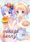  2girls :o ahoge banana_slice bangs bare_arms blonde_hair blue_bow blue_dress blue_eyes blue_hair blueberry_hair_ornament blush bow braid clover collaboration collarbone commentary_request cover cover_page doujin_cover dress eyebrows_visible_through_hair flower food food_request food_themed_hair_ornament four-leaf_clover fried_egg frilled_dress frills fruit hair_bun hair_flower hair_ornament hair_ribbon hamburger holding holding_food holding_plate jewelry leaf leaf_on_head lettuce long_hair looking_at_viewer mouth_hold multiple_girls open_mouth orange original piyodera_mucha plaid plaid_ribbon plate ribbon ring short_hair side_bun single_braid sitting sleeveless sleeveless_dress smile spoon_in_mouth strawberry strawberry_hair_ornament usashiro_mani white_bow white_dress white_ribbon 
